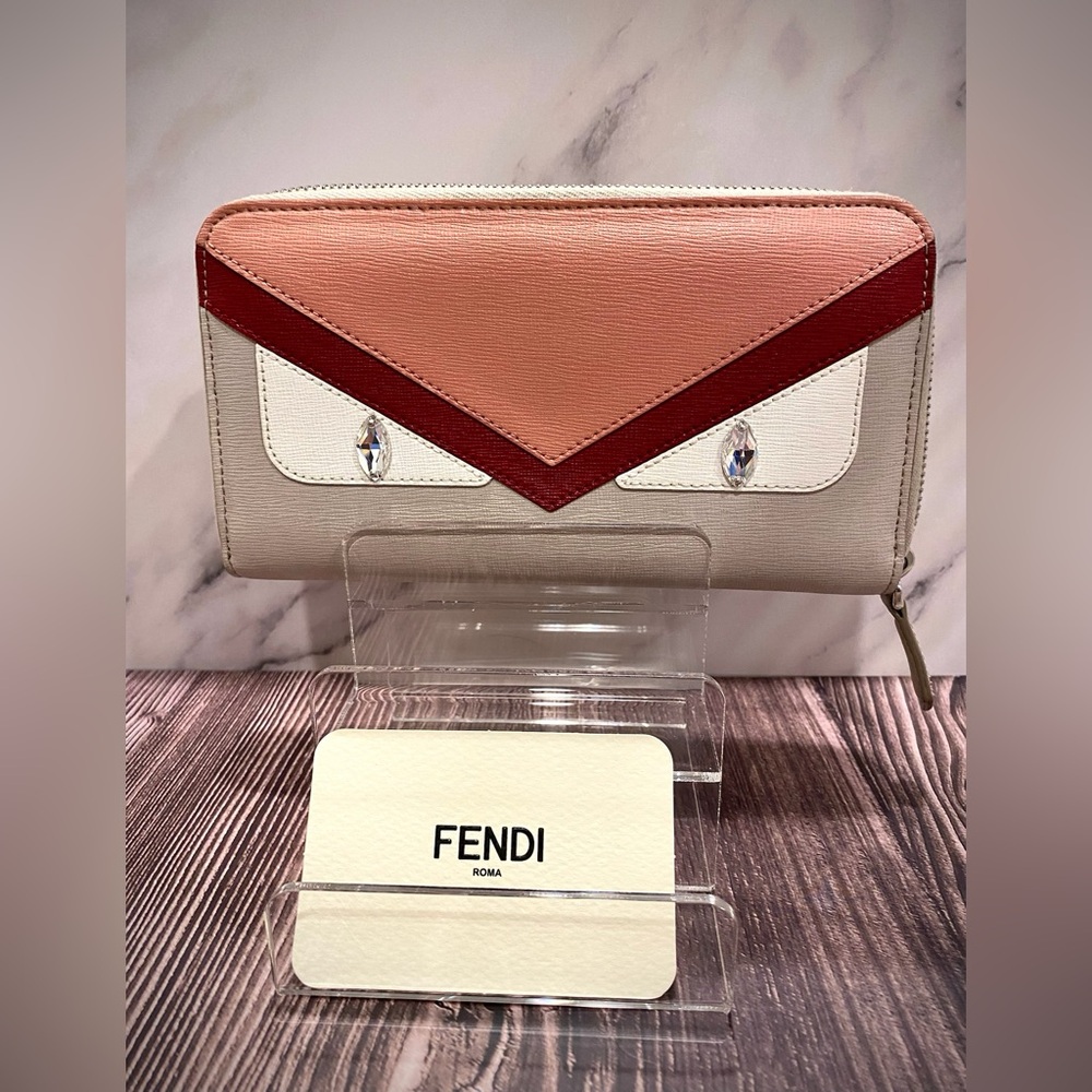 LIKE NEW - FENDI VITELLO ELITE CRYSTAL EYE MONSTER ZIP AROUND WALLET MULTICOLOR